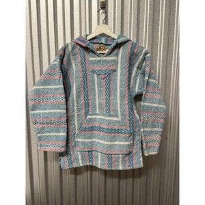 Baja Joe Mexican Hoodie Poncho Hippie Pullover Knit Pink Blue Sz Small Boho Chic